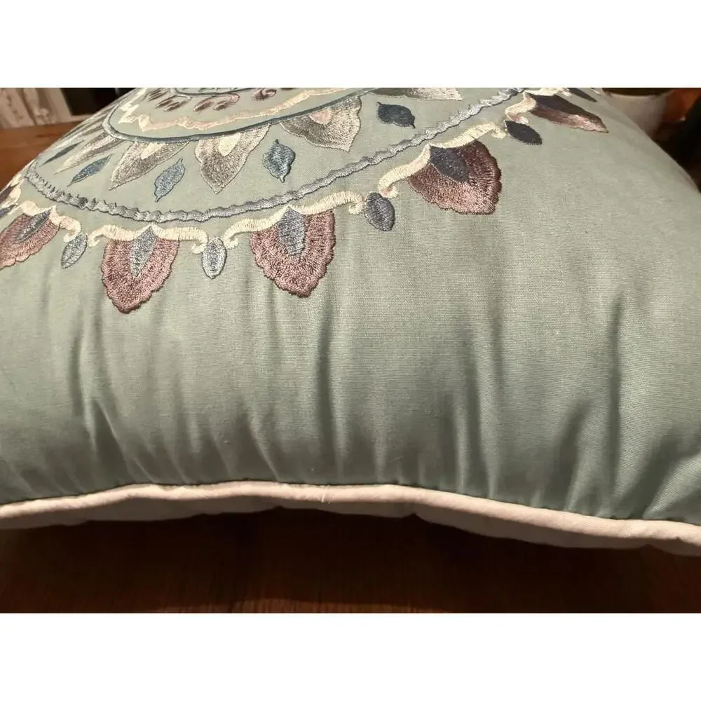 16” Decorative Throw Pillow Embroidered Teal White Gray